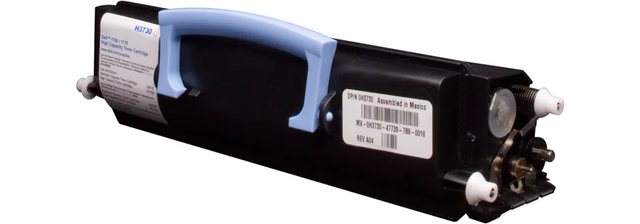 Black toner cartridge with a light blue handle.