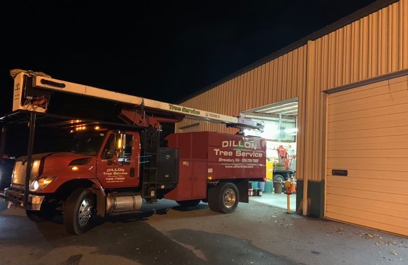 Red Dillon Tree Service truck with an extended boom next to a building with a garage door.
