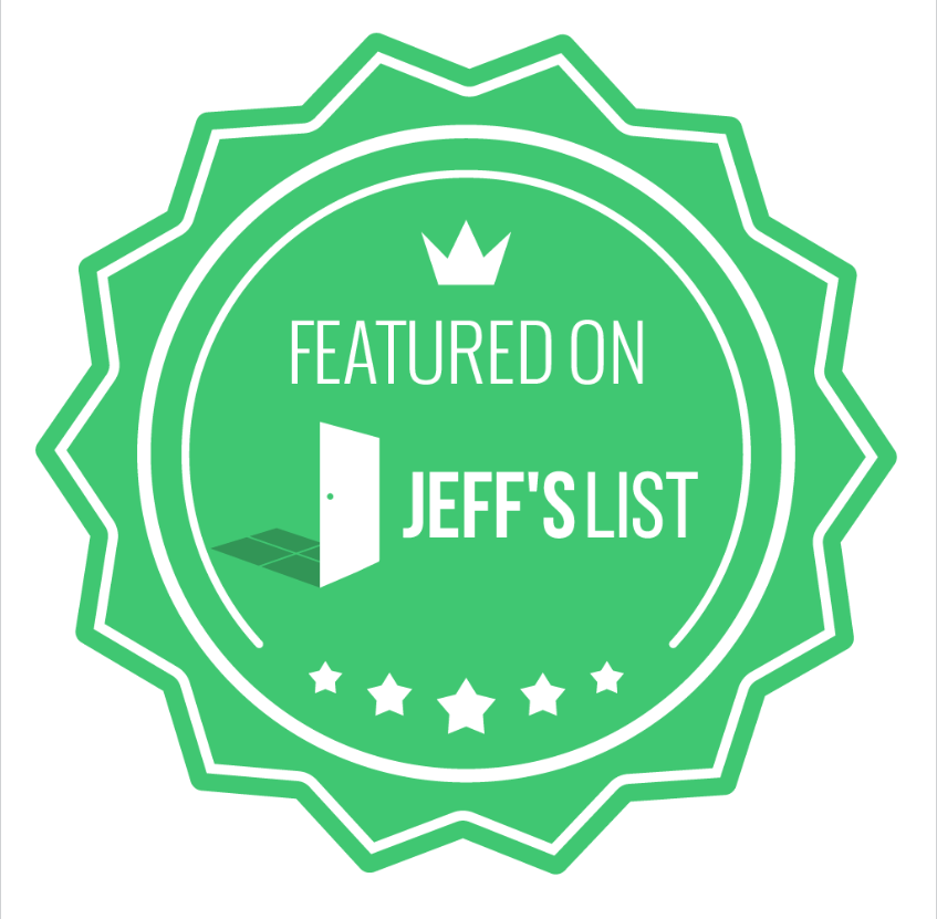 Green badge logo reading “Featured on Jeff’s List” with white stars and crown emblem