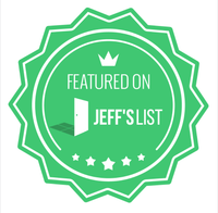 Green badge logo reading “Featured on Jeff’s List” with white stars and crown emblem