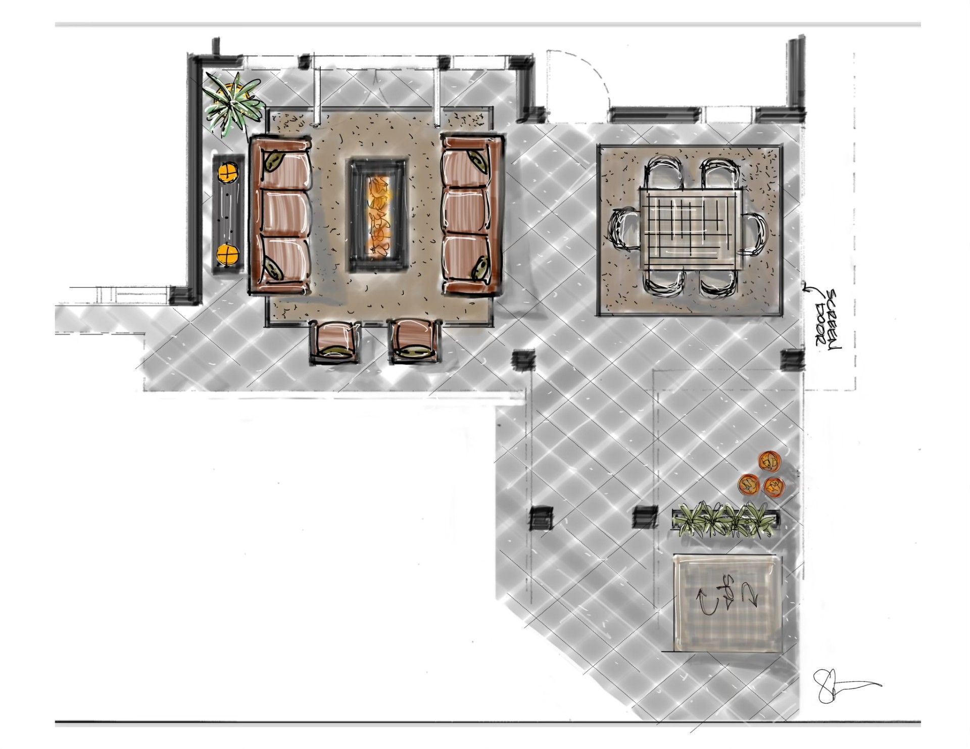 A floor plan of a living room with furniture and a fireplace