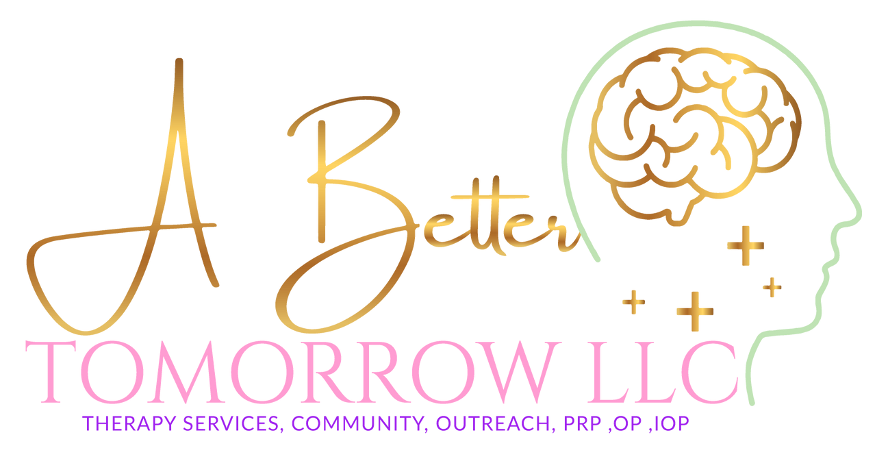 Logo for A Better Tomorrow LLC with gold script and a brain in a head outline above the company name