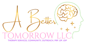 Logo for A Better Tomorrow LLC with gold script and a brain in a head outline above the company name