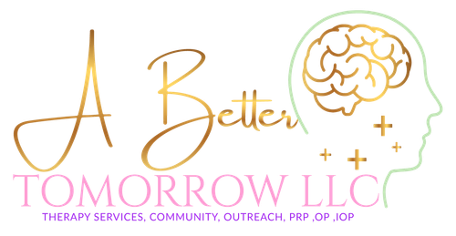 Logo for A Better Tomorrow LLC with gold script and a brain in a head outline above the company name