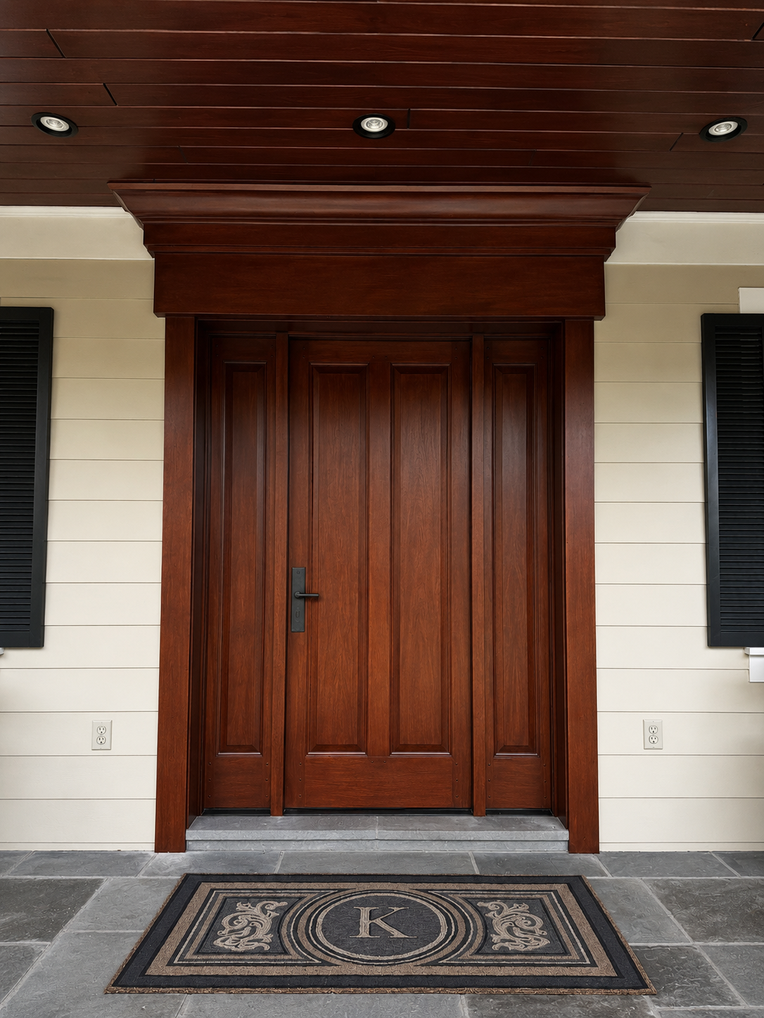 Front entrance with wooden double doors, black shutters, and a monogrammed doormat under a covered porch.