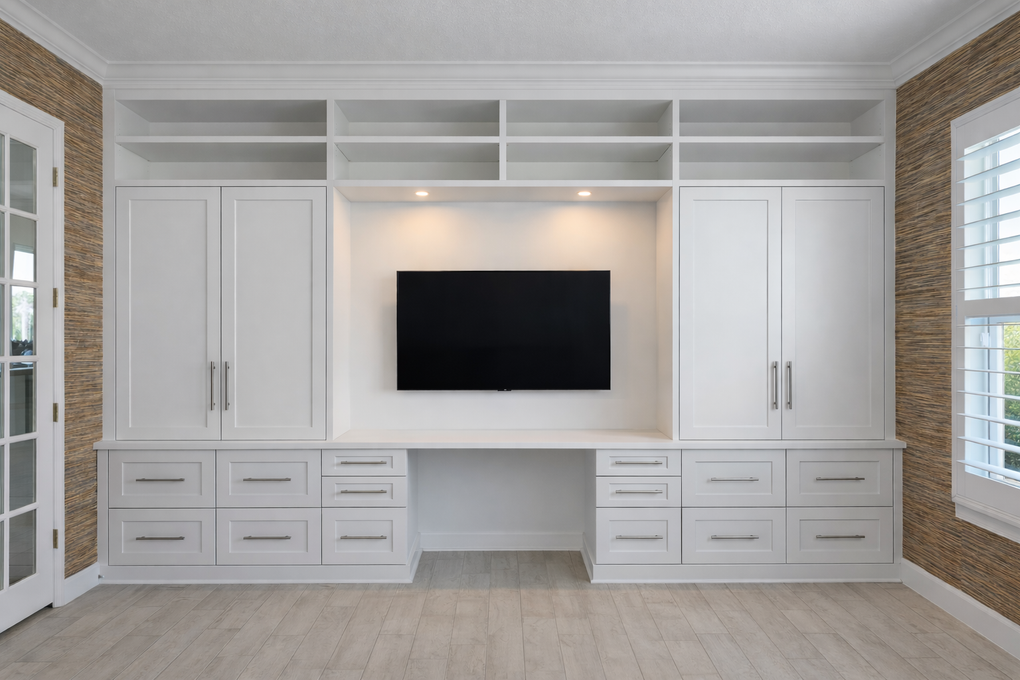 Built-in white wall unit with TV, cabinets, and drawers in a bright room