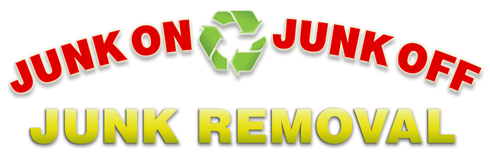 Logo for Junk On Junk Off Junk Removal. Red and yellow text with a recycle symbol.