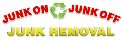 Logo for Junk On Junk Off Junk Removal. Red and yellow text with a recycle symbol.