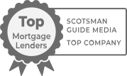 A black and white badge that says top mortgage lenders scotsman guide media top company.