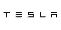 Tesla logo: Black geometric text on a white background.