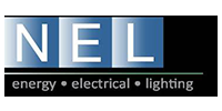 NEL logo: white text on blue squares, black line separates it from the words 