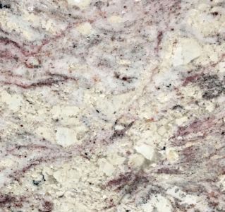 Cream-colored granite countertop with dark red and black veining.
