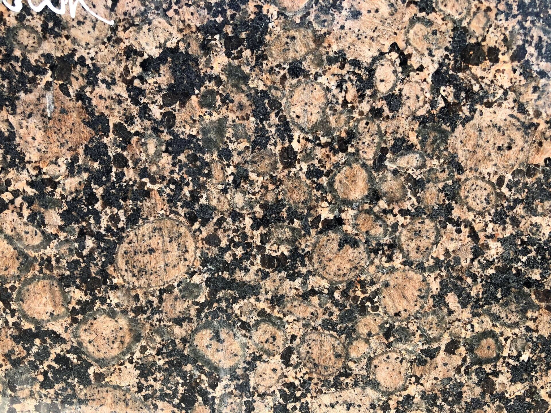 Brown and black speckled granite countertop with large, circular patterns.