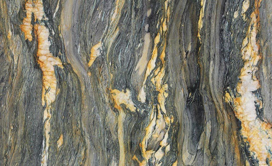 Swirling gray, gold, and orange marble with a flowing, textured pattern.