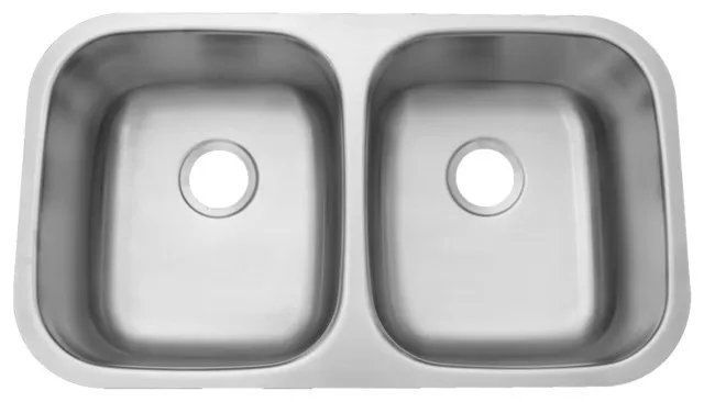 Stainless steel double kitchen sink with two basins and drain holes.