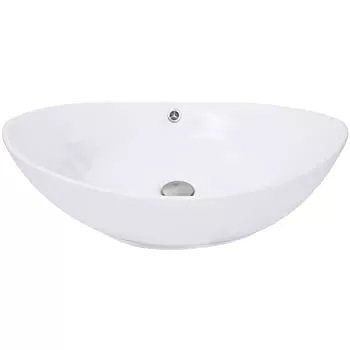 White oval-shaped ceramic bathroom sink with a circular drain.