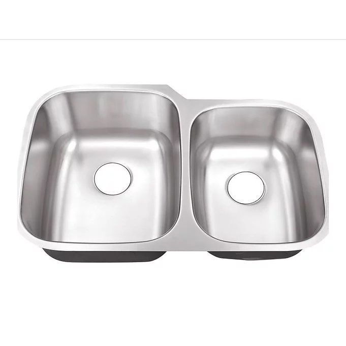 Stainless steel double kitchen sink with two basins and drain holes.