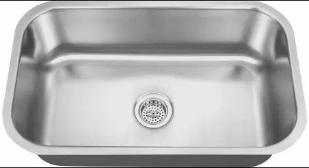 Stainless steel kitchen sink with drain.