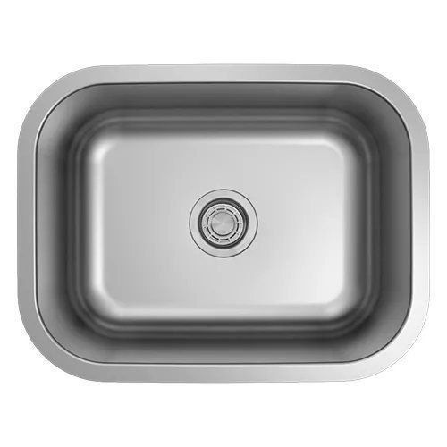 Stainless steel kitchen sink with rounded corners and drain in the center.