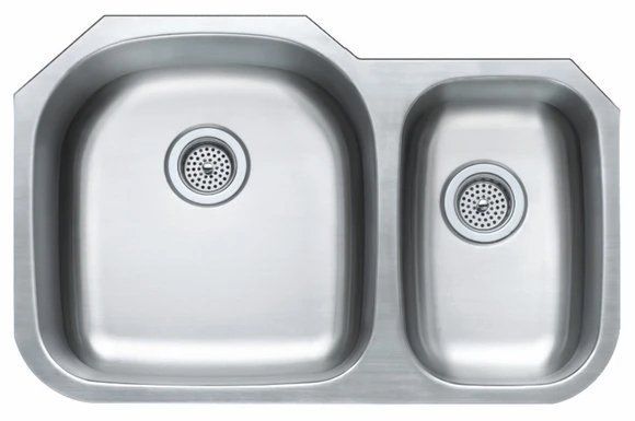 Stainless steel, two-basin kitchen sink with drain baskets.