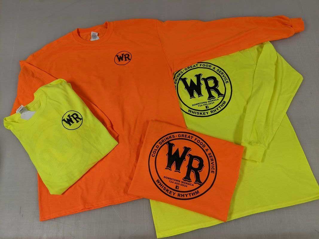 Orange and yellow long and short-sleeved t-shirts with a 