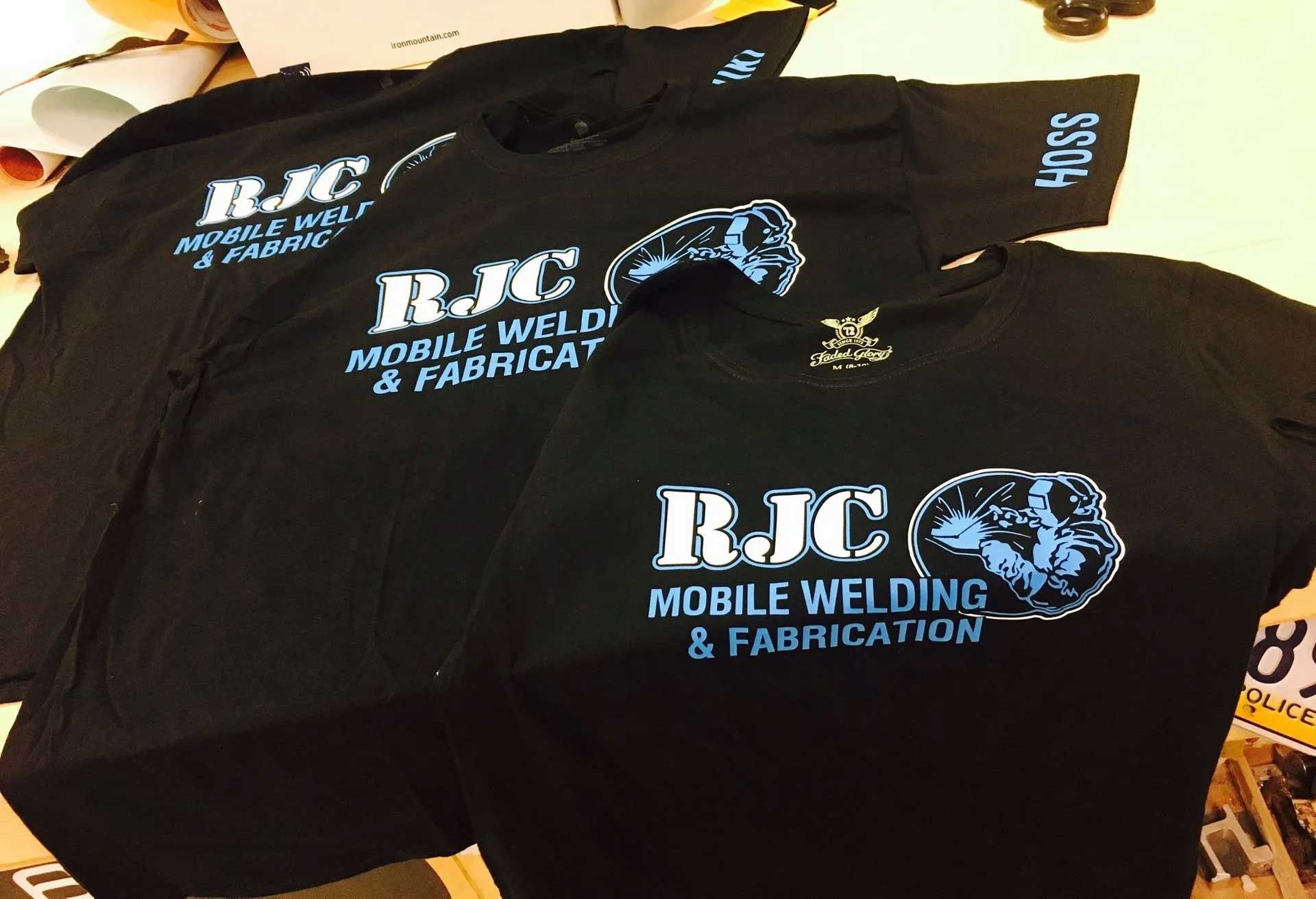 Black t-shirts with white and blue 