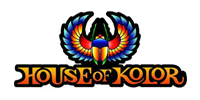 Logo for House of Kolor, featuring a colorful scarab beetle with wings above text.