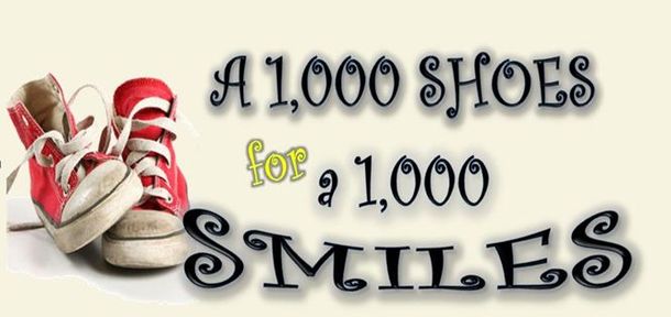 Pile of red and white sneakers beside text: “A 1,000 shoes for a 1,000 smiles.”