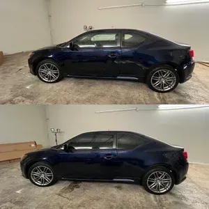Dark blue sedan shown in side view in a garage, stacked in two similar photos.