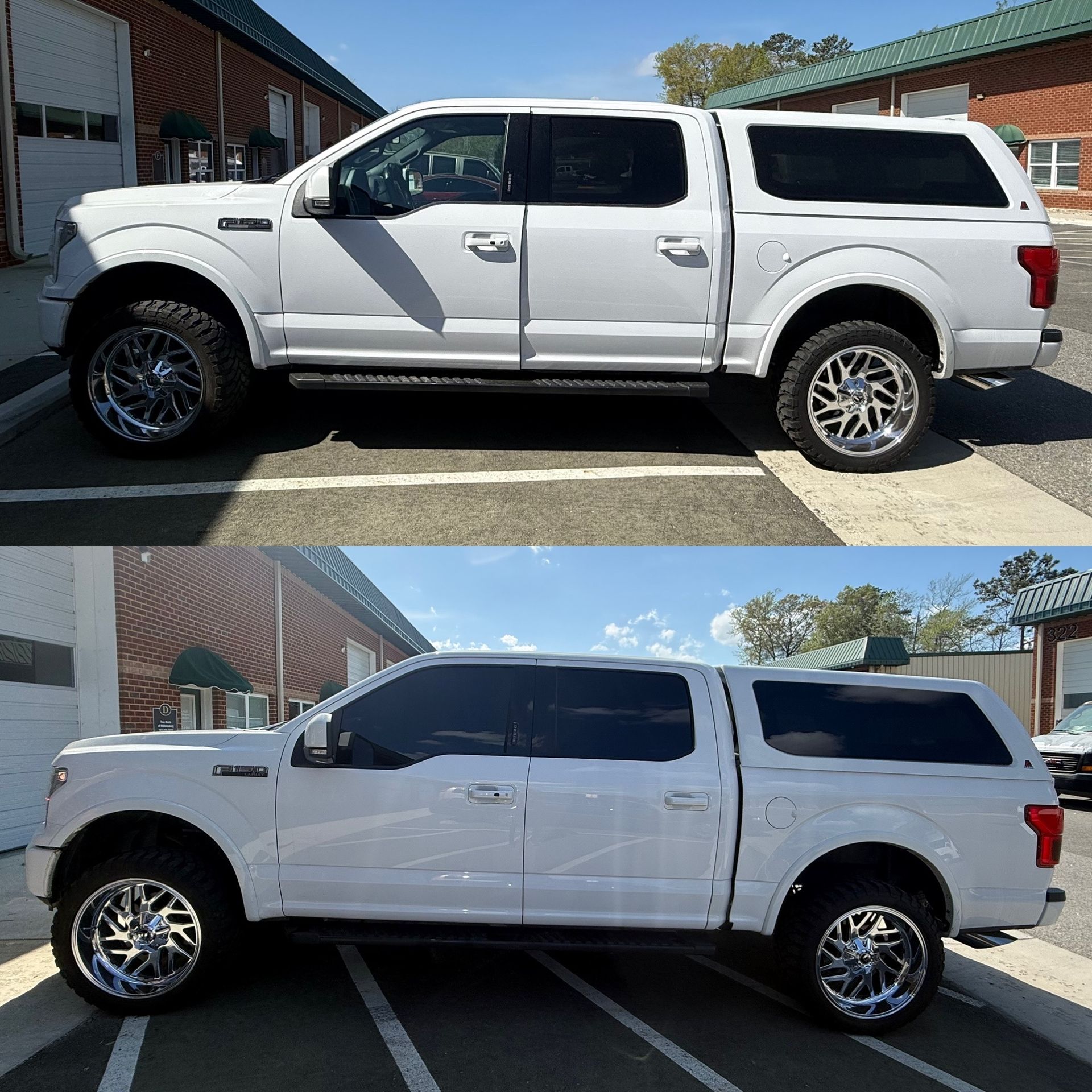 White pickup truck with canopy shown in side view, parked in front of a brick building in two similar photos