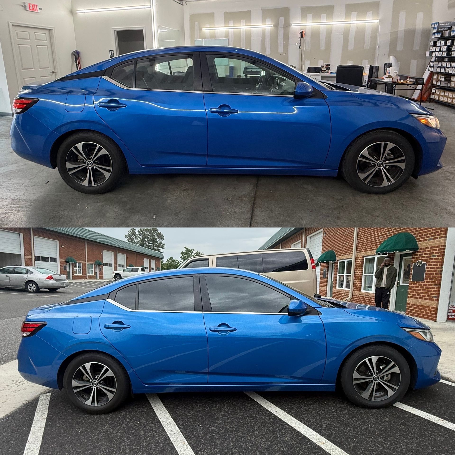 Blue sedan shown in two side-profile views, one indoors and one parked outside.