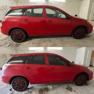 Red hatchback car shown in a side view in a garage, displayed in two similar photos stacked vertically.