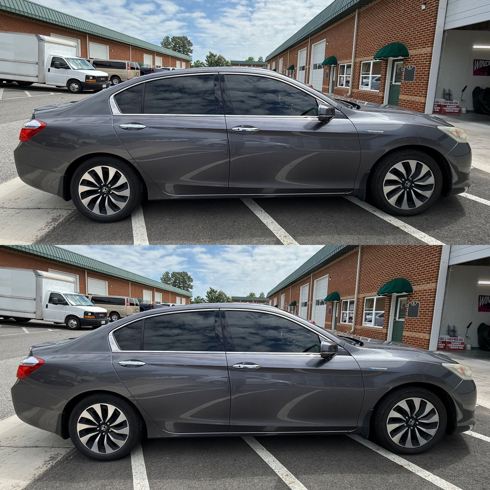 Gray sedan parked outside a brick building, shown twice in a side view