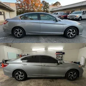 Silver sedan shown outdoors and indoors, side view in two photos.