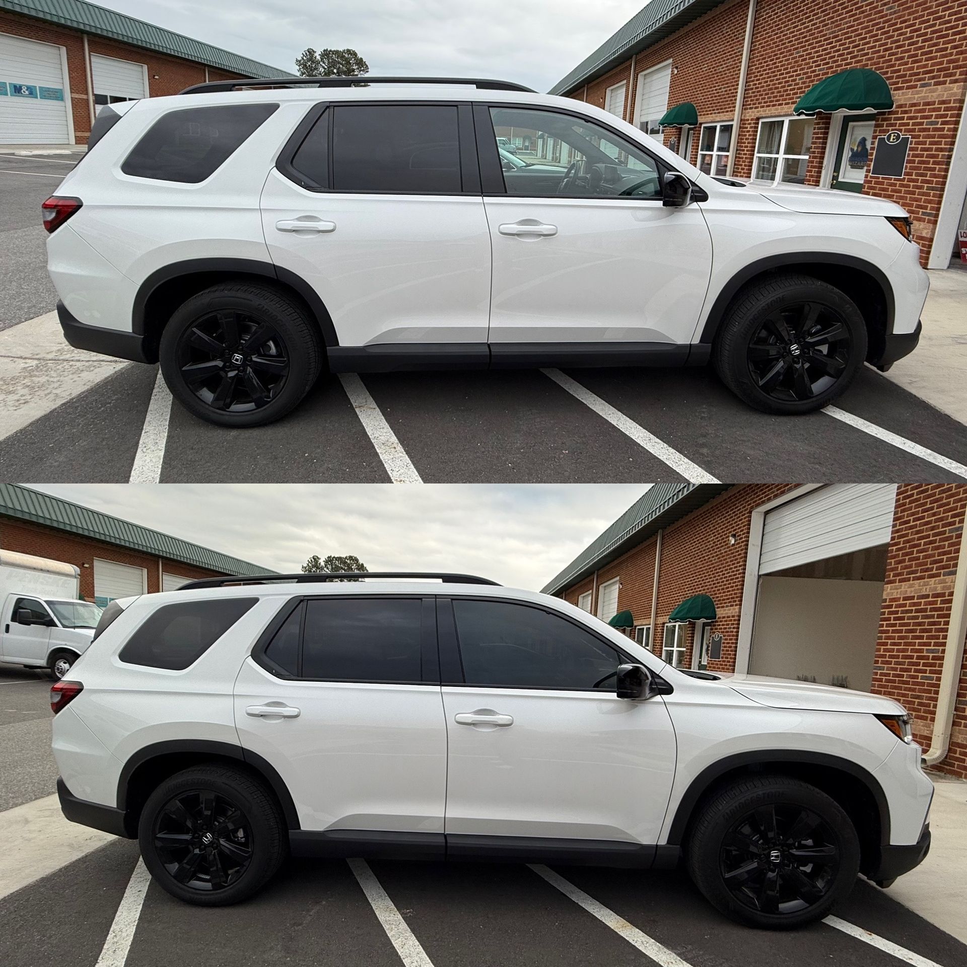 White SUV with black wheels parked beside a brick building, shown from the side in two views.