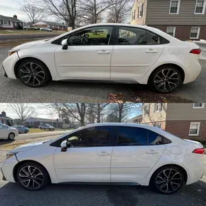 White sedan parked on a residential street, shown in side view in two lighting conditions.