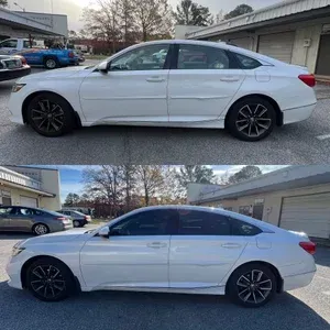 Two side-view photos of a white sedan parked outdoors in daylight, showing different window tint levels.