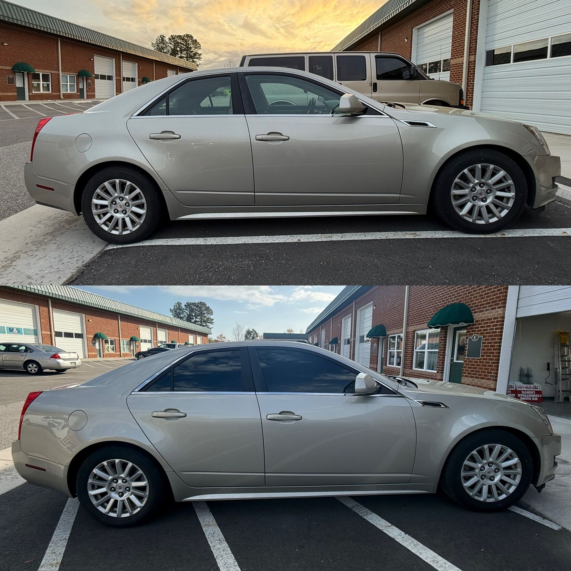 Side-by-side silver sedan photos in a parking lot, showing different hood damage states.