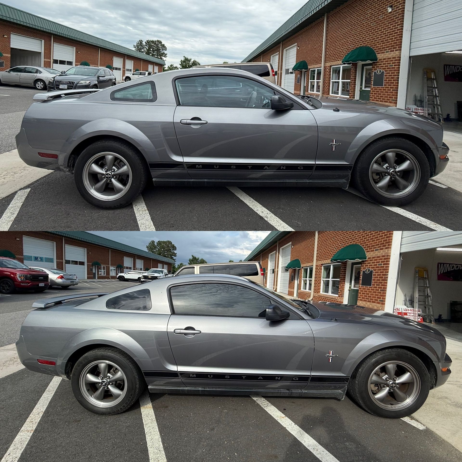 Silver Ford Mustang coupe shown from the side in a parking lot, front and rear comparison view