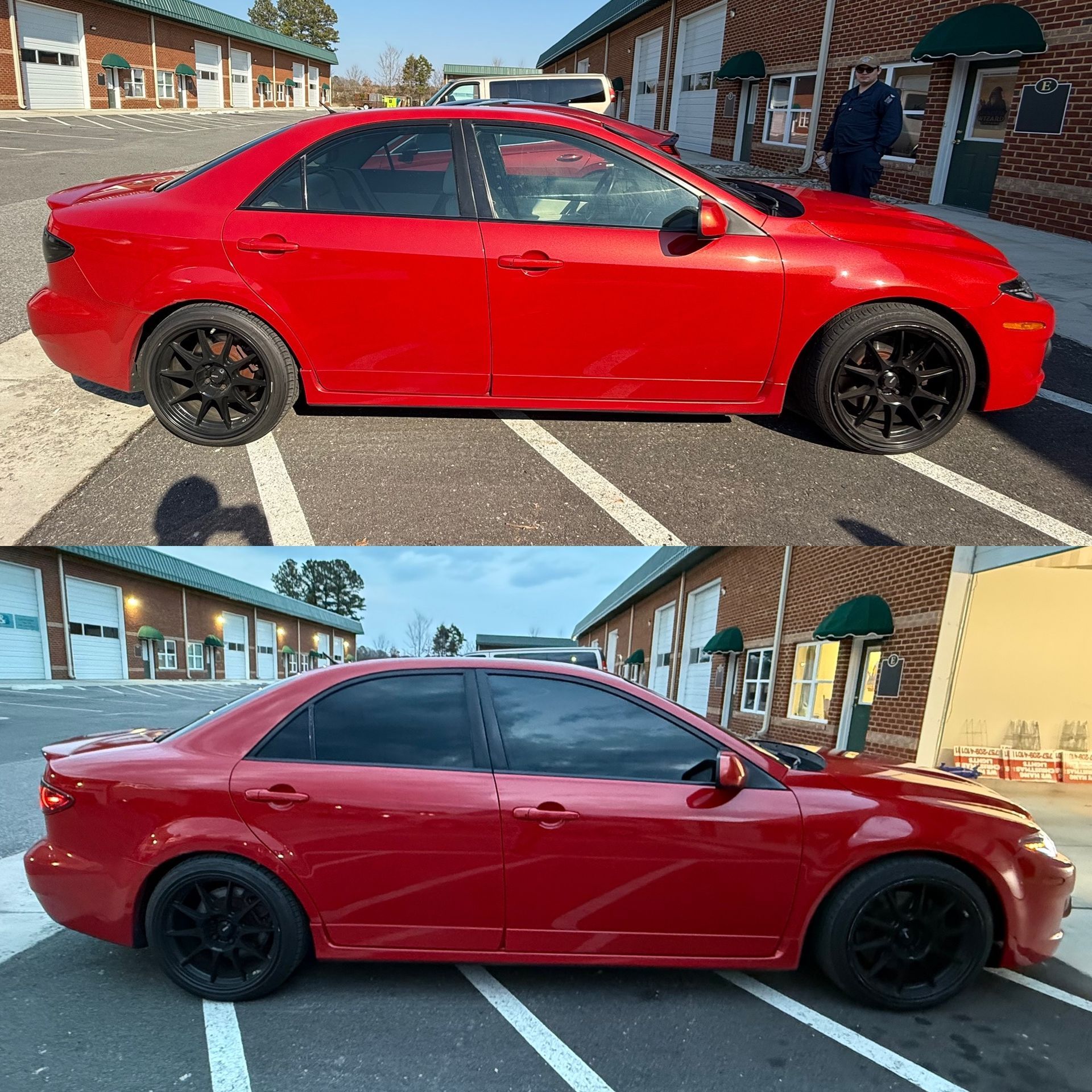 Red coupe car shown in side profile in a parking lot, with two similar side-by-side photos.
