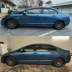 Blue sedan shown in two side views, outdoors on top and indoors on bottom.