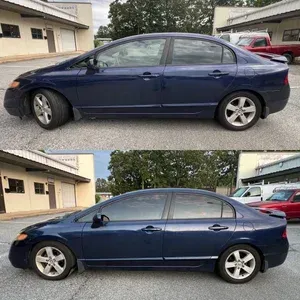 Blue sedan shown twice in side view for comparison, parked in a driveway.