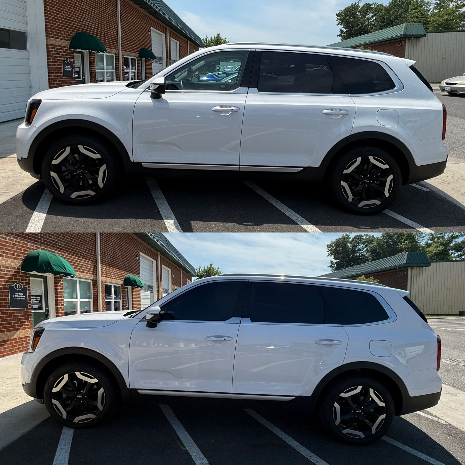 White SUV shown in two side-profile views, parked in a driveway on a sunny day.