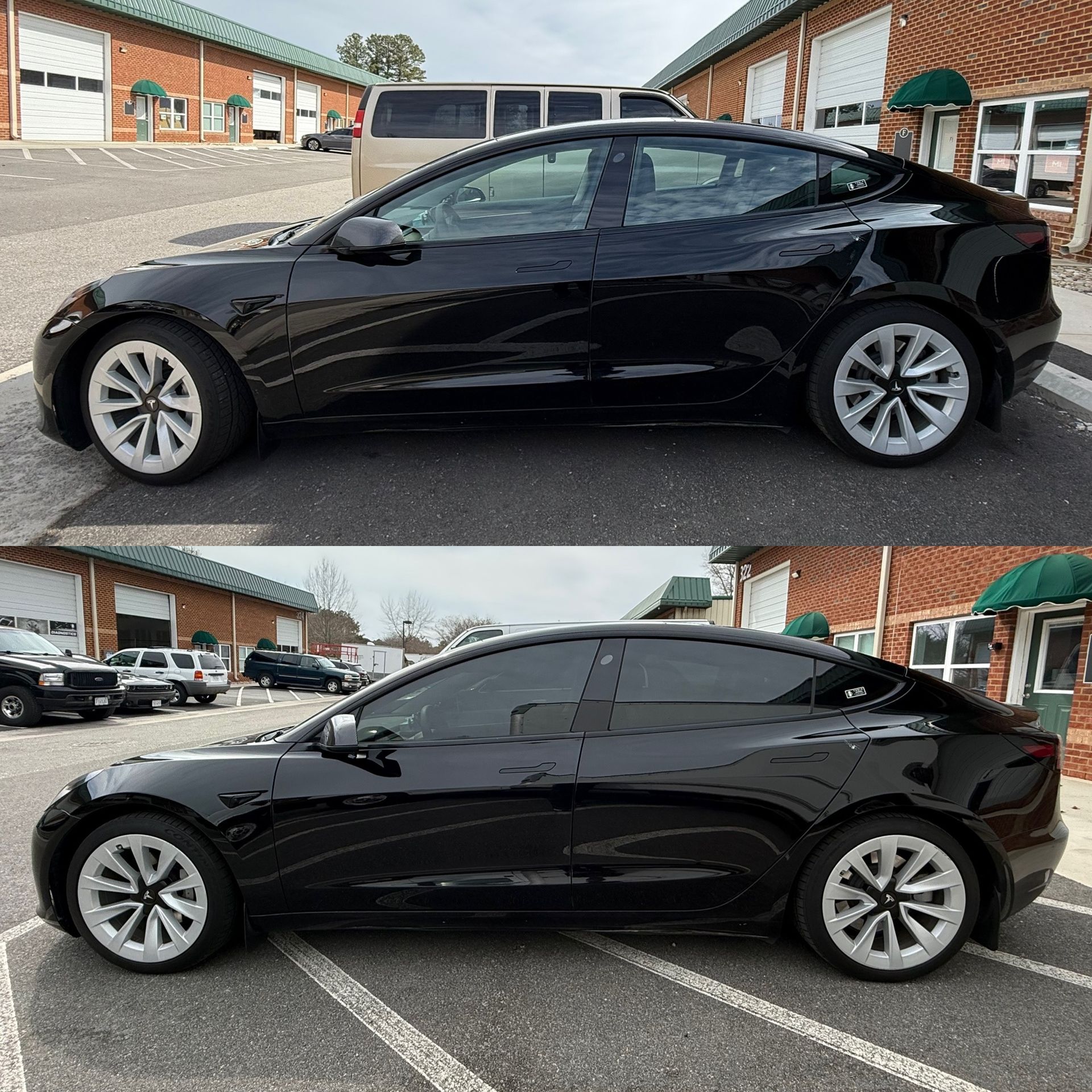 Black sedan parked in a lot, shown from the side in two views.
