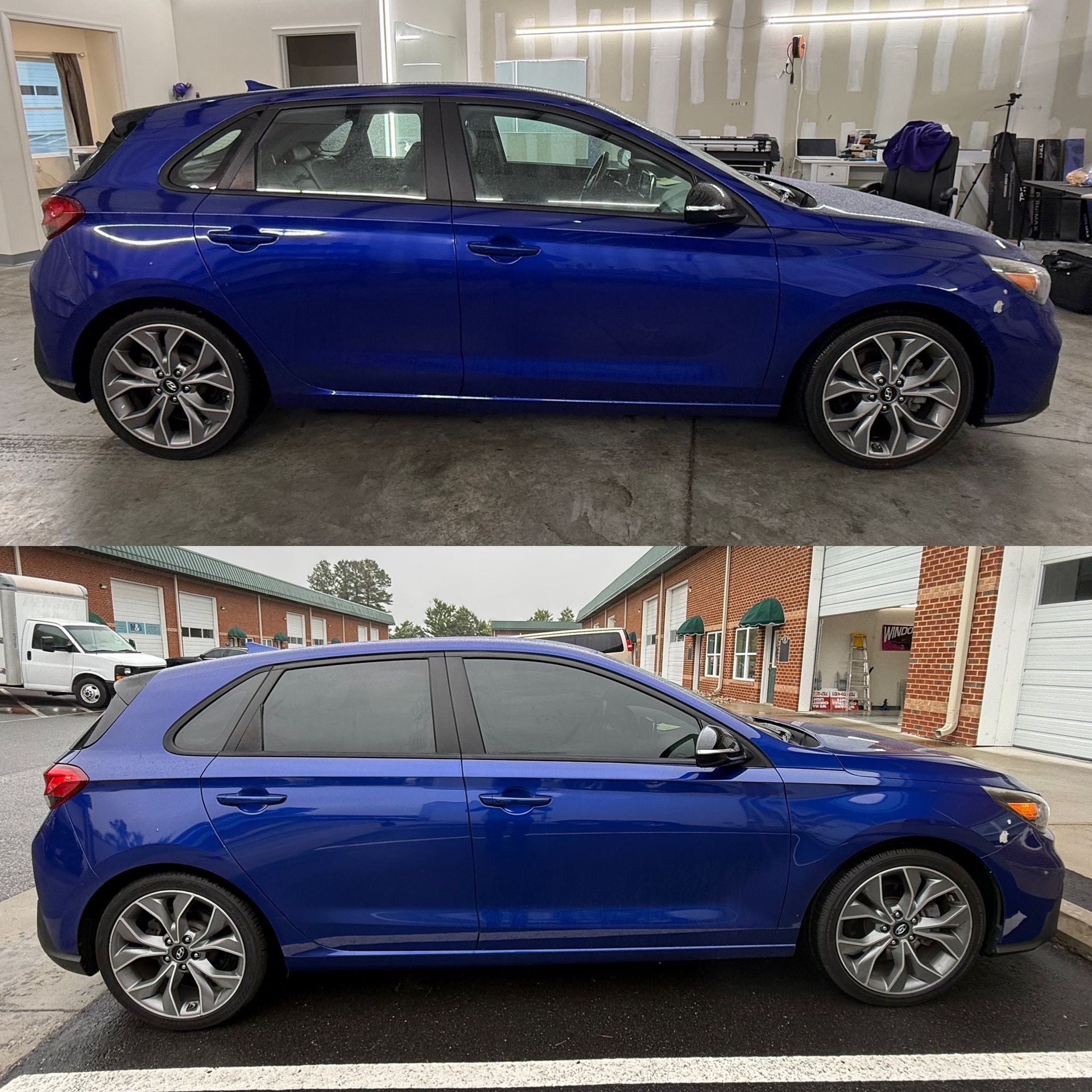 Blue hatchback car shown in side view, parked indoors and outdoors in two side-by-side photos.