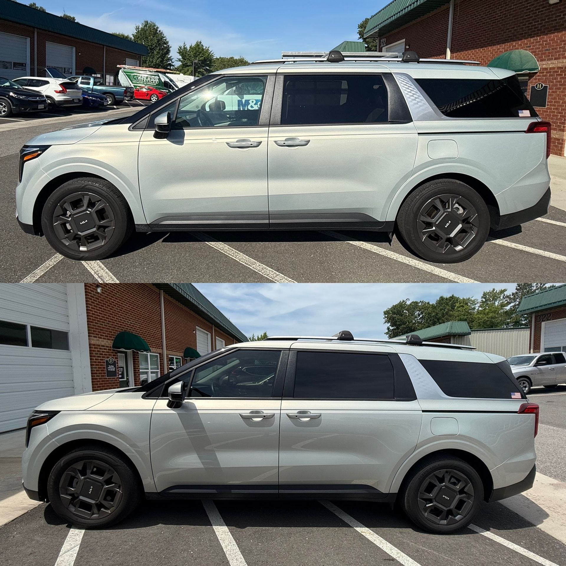 Side-view white SUV with black wheels parked outdoors, shown in two similar photos stacked vertically.