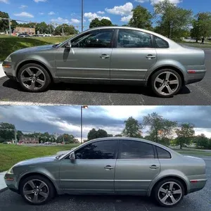 Silver sedan parked outdoors, shown from the side in two different views under a partly cloudy sky