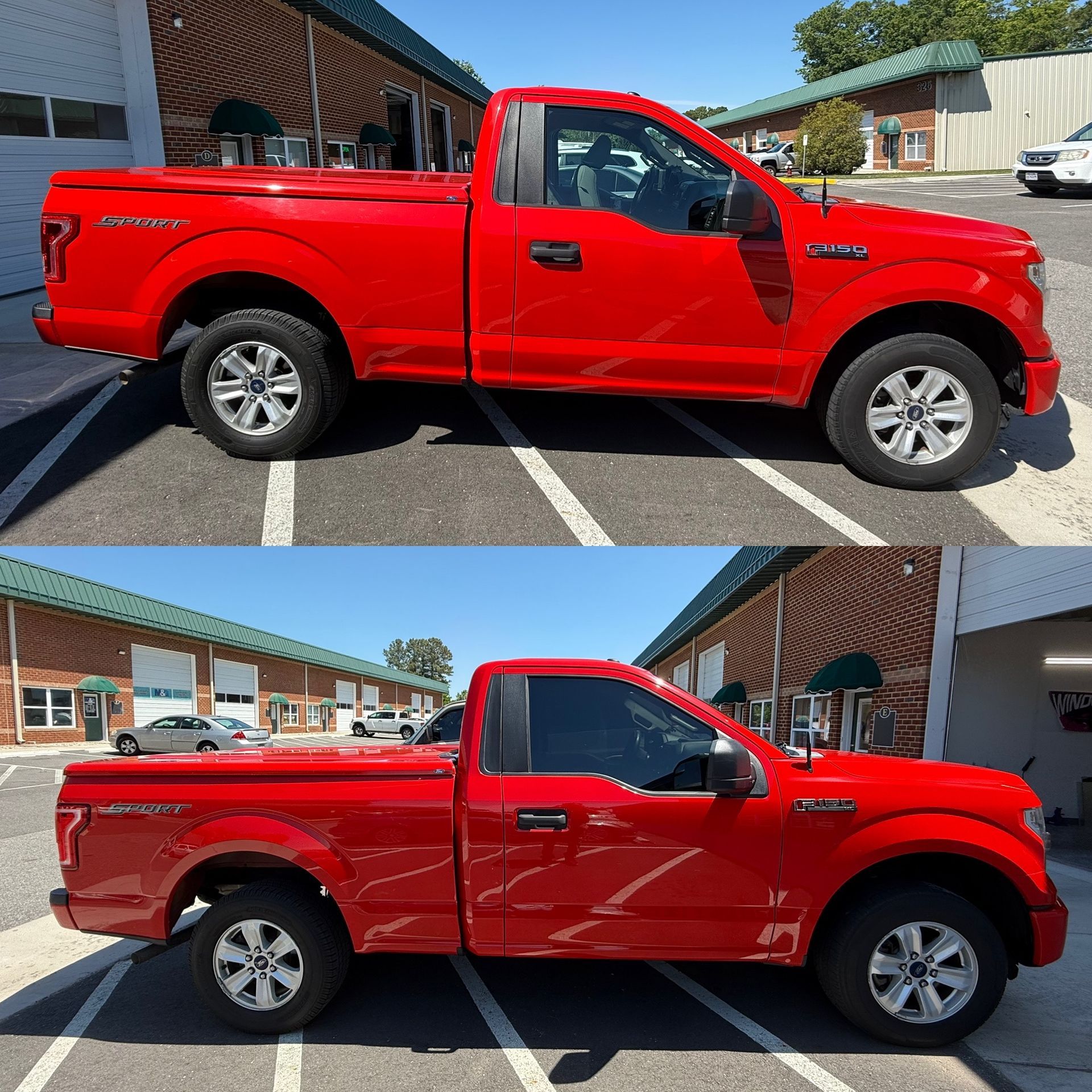 Red pickup truck shown from side in two parking-lot views under bright sunlight.