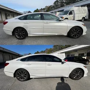 White sedan shown from the side in two outdoor photos, parked near a building and a van.