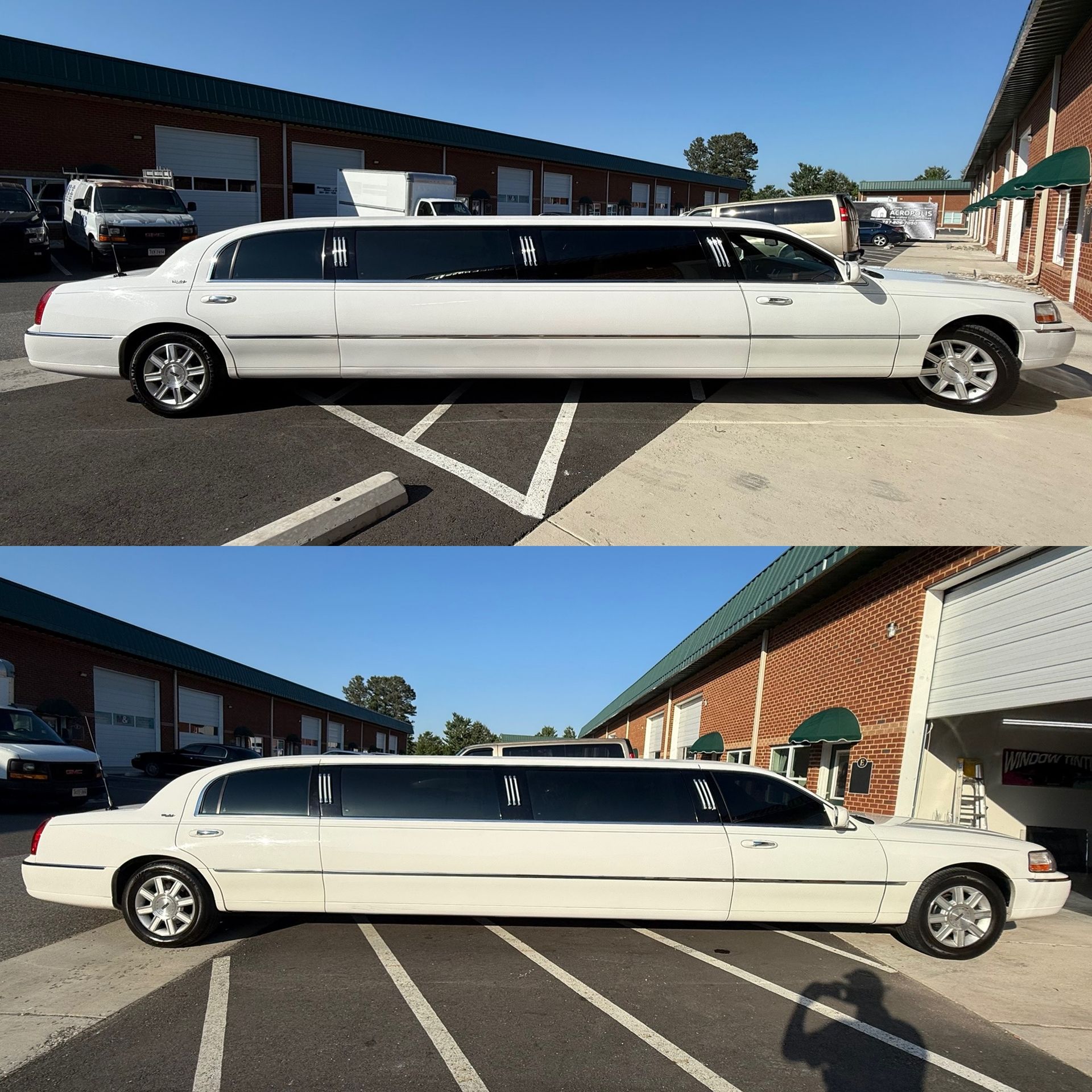 Two side views of a long white stretch limousine parked in a lot by buildings.
